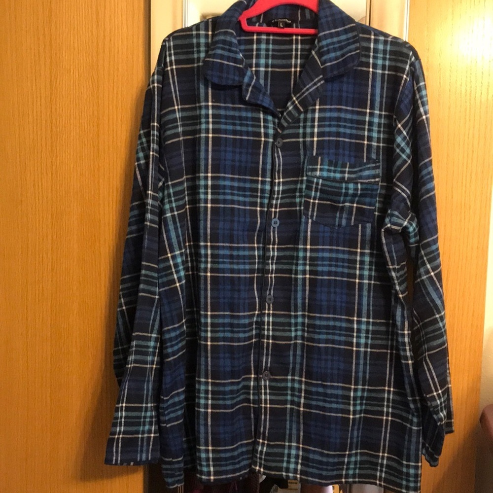 #followme Large blue plaid pajama top.  Button up long sleeve with pocket